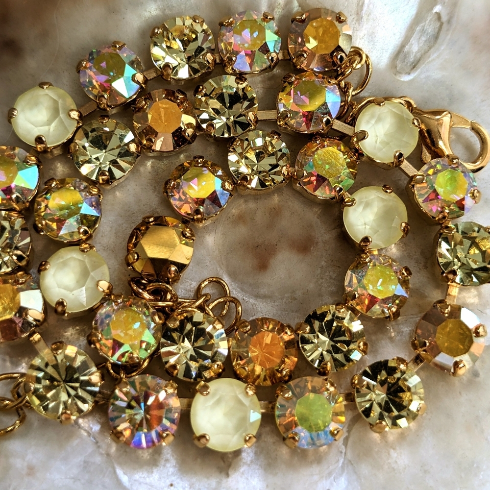 Yellow Jonquil & Metallic Ab Swarovski Crystals In Classic Gold Plated Necklace